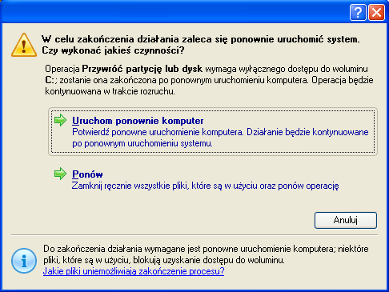 7. Program zażąda ponownego uruchomienia komputera w celu wykonania operacji w specjalnym trybie rozruchowym. Należy kliknąć odpowiedni przycisk, wyrażając zgodę. 34 8.