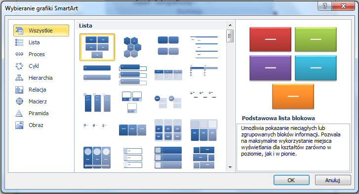 GRAFIKA OBIEKTY SMARTART Większośd zawartości tworzonej przy użyciu programów pakietu Microsoft Office 2007 ma postad tekstu.