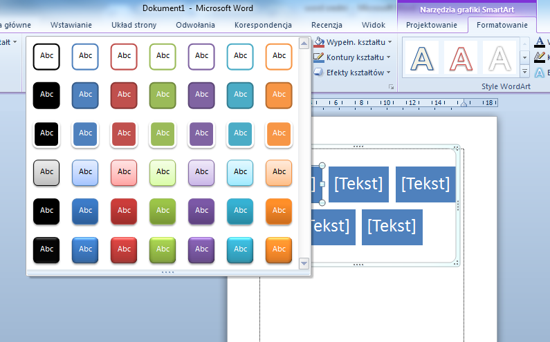 ZMIENIANIE KOLORÓW CAŁEJ GRAFIKI SMARTART Do kształtów w grafice SmartArt można stosowad różne odmiany kolorów pochodzących z kolorów motywu. Kliknij grafikę SmartArt. 1.