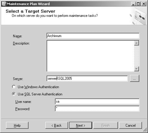 3. W kolejnym oknie w oknie Name wpisujemy nazwę dla planu, ewentualny opis i parametry połączenia z serwerem SQL. 4.