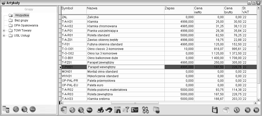 bankowego, walutę w jakiej prowadzony jest rachunek oraz wpisać jego stan początkowy. 6.10. Wypełnienie tabeli artykułów Artykułami nazywamy zbiór przedmiotów sprzedaży i zakupów.