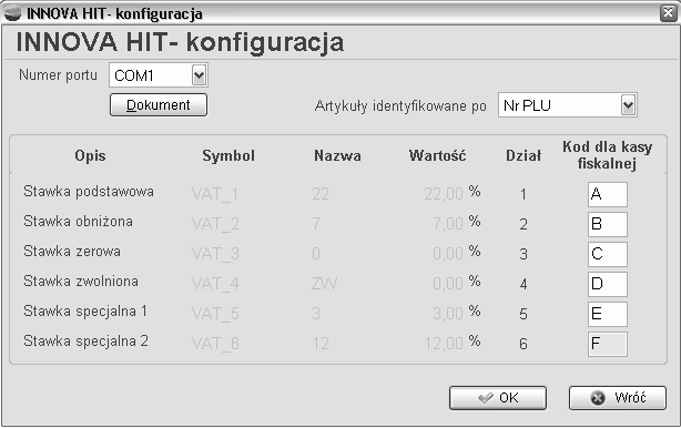W przypadku kas INNOVA ustalamy nr portu, dokument, kody dla stawek oraz określamy czy artykuły mają być identyfikowane po kodzie kreskowym czy po numerze PLU.
