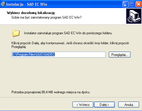 2.4 Instalacja programu SADEC Win INSTRUKCJA OBSŁUGI SAD EC Win Instalacja programu SAD EC Win rozpoczyna się uruchomieniem pliku sadsetup.exe. Po uruchomieniu pliku pojawi się okienko instalatora.