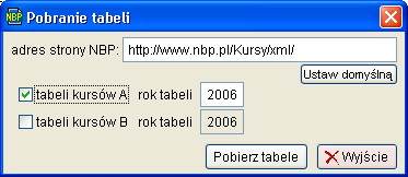 Domyślną lokalizacją, z której pobierana jest tabela kursów walut jest strona Narodowego Banku Polskiego. Możliwe jest podanie alternatywnej strony z kursami walut.