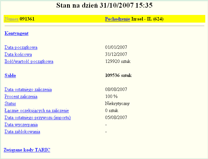 W oknie Objaśnienia kodów/identyfikatorów dostępny jest przycisk <Informacja o kontyngencie>.