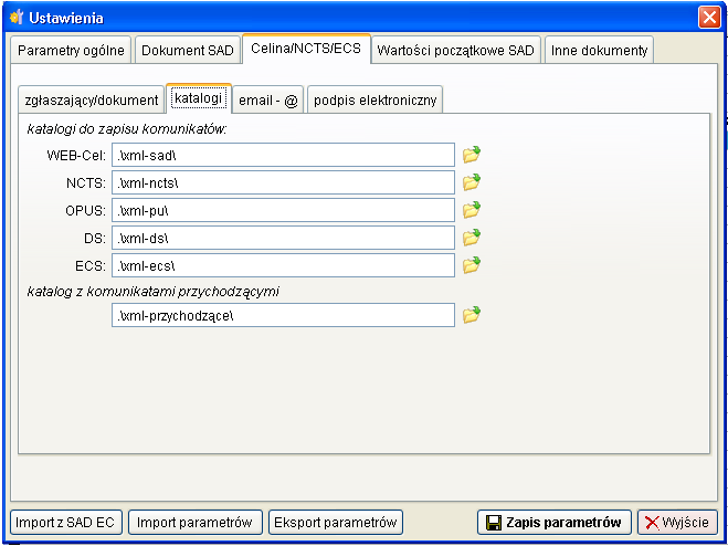 Kolejna zakładka w parametrach programu Katalogi pozwala na wskazanie katalogów do których mają być zapisywane pliki XML dla zgłoszeń wymienionych rodzajów zgłoszeń.