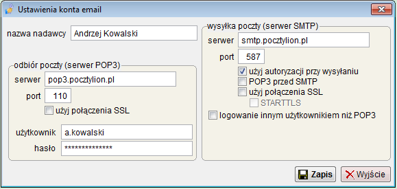 Do poprawnego działania funkcji wysyłania i odbierania poczty konieczne jest poprawne skonfigurowanie konta pocztowego (nie dotyczy to przypadków w których wysyłanie i odbieranie komunikatów jest