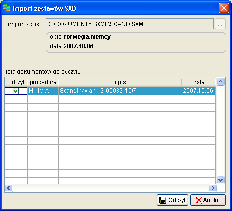 Dokumenty z zaznaczonym polem Odczyt zostaną zaimportowane.