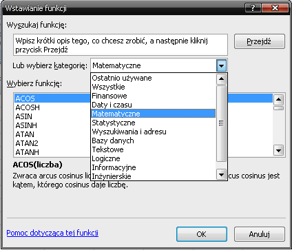 ilu.18 ilu.19 W celu wybrania funkcji wystarczy kliknąć na Wstaw funkcję (mamy tu do wyboru najczęściej używane przez nas funkcję) (ilu.18), po wyborze kategorii możemy użyć dowolną funkcję (ilu.