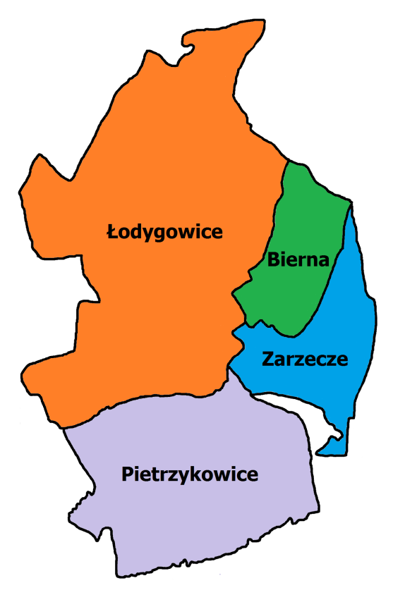 W skład Gminy wchodzą 4 sołectwa: Sołectwo Łodygowice Pietrzykowice Bierna Zarzecze Pow. 1876,45 ha 994,21