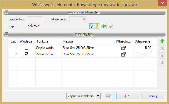 Rurociągi Rys. 79. Okno wstawiania równoległych pionowych rur wodociągowych Wstawianie równoległych rur wodociągowych jest analogiczne do wstawiania pojedynczych rur wodociągowych.