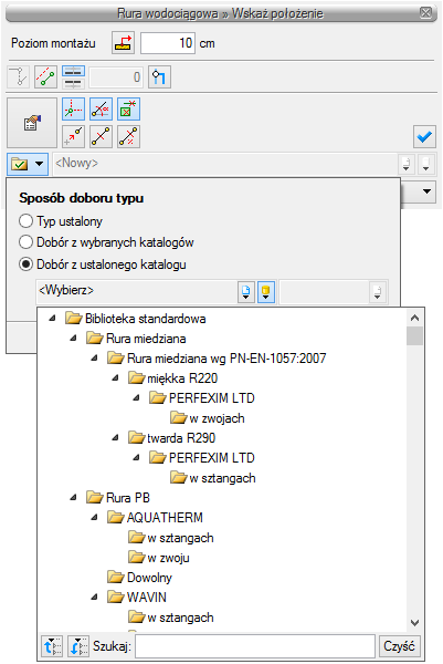 Automatyczny dobór parametrów elementów instalacji wodociągowej Dobór z ustalonego katalogu jest to opcja doboru umożliwiająca ustalenie obiektu tylko z jednego wybranego katalogu, niezależnego od