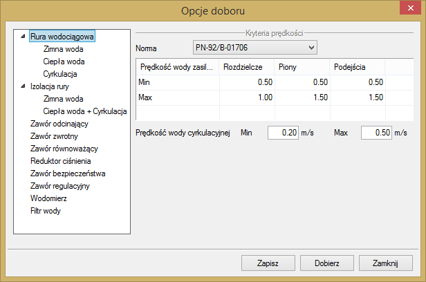 Automatyczny dobór parametrów elementów instalacji wodociągowej 10.4. Ustawianie kryteriów doboru Po wciśnięciu ikony uruchamiane zostaje okno opcji doborów: Rys. 95.