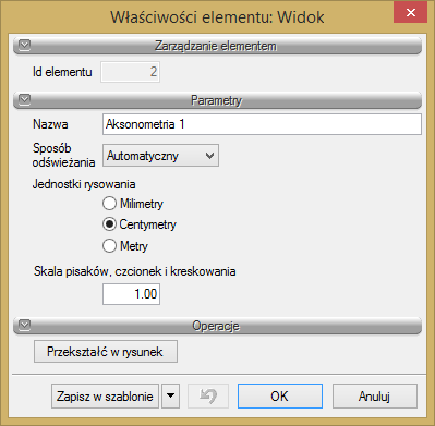 Aksonometria 12.3. Opcje widoku Rys. 115. Okno wstawiania widoku aksonometrii Poprzez wybór przycisku w oknie wstawiania lub dwuklik na uchwycie widoku aksonometrii wywołujemy okno właściwości widoku.