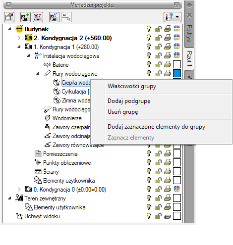 Opis elementów programu Po zaznaczeniu na drzewku elementów w oknie menadżera kondygnacji w dolnej części okna znajduje się multischowek.