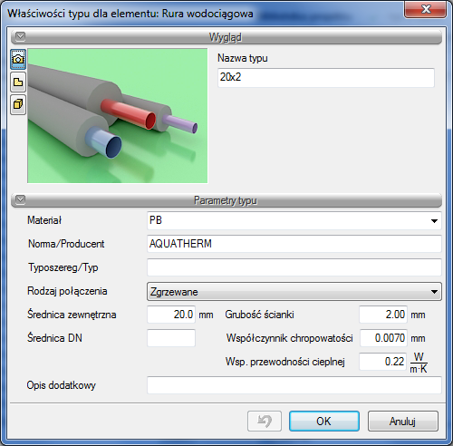 Opis elementów programu Właściwości typu po wciśnięciu tej ikony użytkownik będzie miał dostęp do właściwości zaznaczonego typu. Może je w tym miejscu zmienić i zapisać.