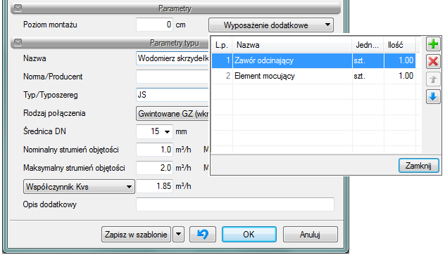 Opis i edycja obiektów Wyposażenie dodatkowe dla większości obiektów dostępny jest przycisk otwierający tabelę umożliwiającą wprowadzenie dodatkowego wyposażenia, którego elementy powinny znaleźć się