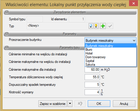 Opis i edycja obiektów Grupa kontrolek Parametry typu W grupie tej użytkownik ustawia parametry charakteryzujące (specyfikujące) zestaw punktów przyłączenia dla każdego składnika (rurociągu) osobno.