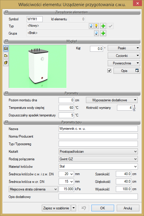 Opis i edycja obiektów Rys. 67. Okno właściwości elementu Urządzenie przygotowania c.w.u. Grupa kontrolek Parametry Temperatura wody ciepłej wartość wpisywana przez użytkownika w podanych obok pola jednostkach.