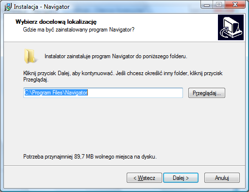 Ekran wyboru folderu docelowego UWAGA (dotyczy Windows Vista): W przypadku instalacji aplikacji w systemie Windows Vista WYMAGA się dokonania instalacji aplikacji w folderze użytkownika lub jego