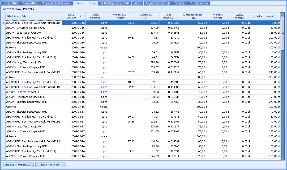 Historia transakcji W zakładce Historia transakcji możliwy jest wgląd w historię wszystkich transakcji dokonanych na gotówce i instrumentach wchodzących w skład aktywów portfela oraz modyfikacja tych