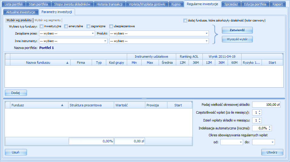 Jeżeli w portfelu nie ma jeszcze zdefiniowanych inwestycji regularnych tabele w podzakładce będą puste.