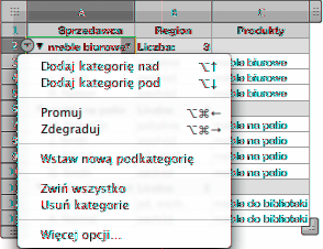 Podział tabeli na kategorie Tabelę można podzielić na kategorie. Poszczególne kategorie można utworzyć ręcznie, wybierając poszczególne wiersze.