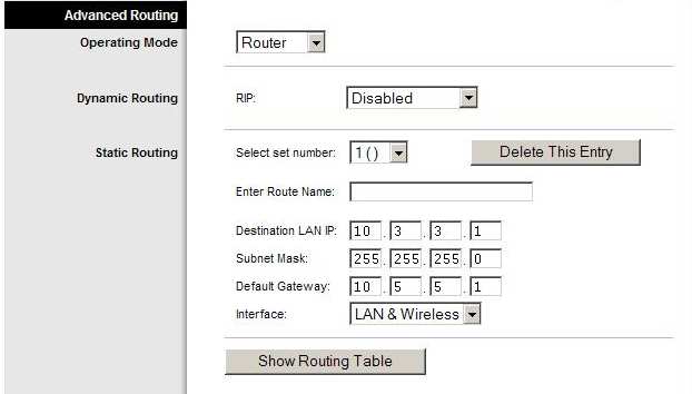 trasy, używając maksymalnie 25 znaków. Destination LAN IP użytkownik wpisuje adres IP docelowej sieci LAN np. 10.3.3.1. Subnet Mask maska sieci np. 255.255.255.0. Default Gateway adres domyślnej sieci LAN np.