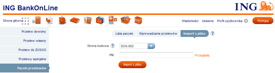 OnLine importuje się w opcji menu Przelewy, w zakładce Paczki przelewów wskazując w oknie paczek opcję Import z pliku.
