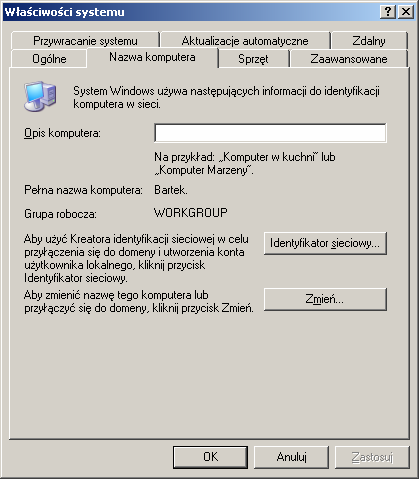 Nadawanie nazwy komputerowi W celu nadania nazwy komputerowi naleŝy wykonać następujące czynności: W systemie Windows XP: Kliknij przycisk Start (w lewym dolnym rogu ekranu).