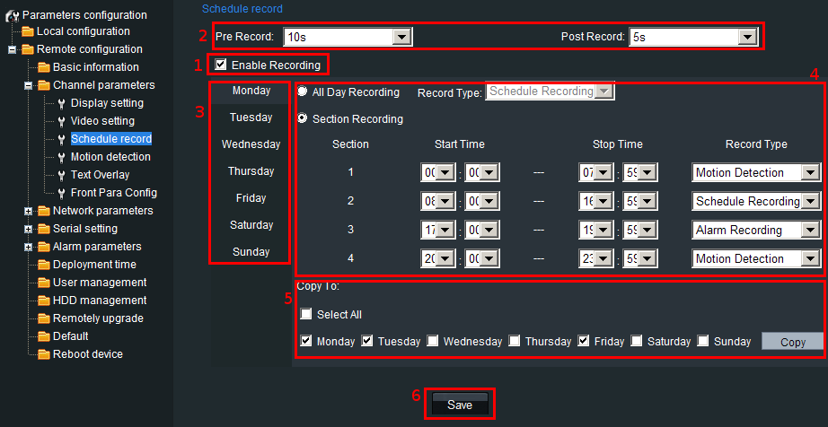 Zakładka SCHEDULE RECORD Pozwana na ustawienie harmonogramu rejestracji obrazu na karcie SD. UWAGA: Przed rozpoczęciem zapisu należy sformatować kartę w zakładce HDD management.