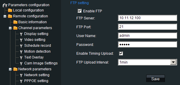 Zakładka FTP SETTINGS Ustawienia obsługi serwera plików FTP. Wysyłanie pojedynczych zdjęć na serwer FTP może być realizowane po wykryciu ruchu w obrazie lub cyklicznie w zadanych odstępach czasu.