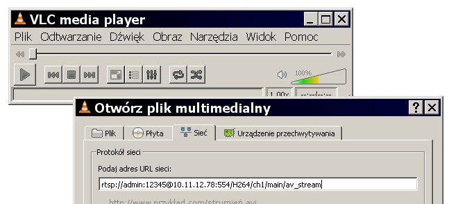DOSTĘP DO DANYCH STRUMIENIOWYCH RTSP Oprócz dostępu przez przeglądarkę, możliwe jest także pobieranie samego strumienia wideo RTSP.