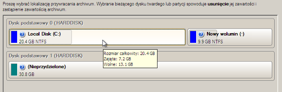 60 5. Na stronie Co przywrócić wyświetlane są szczegółowe informacje dotyczące zawartości archiwum. Należy wybrać żądany element do przywrócenia. W naszym przypadku jest nim pierwsza partycja dysku.