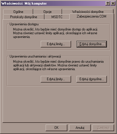 19.5 USTAWIENIA DCOM DLA WINDOWS XP SP2 77 Właściwości domyślne- DCOM Zabezpieczenia COM Uprawnienia dostępu/limity zabezpieczeń: +Sieć (Zezwalaj na dostęp zdalny)