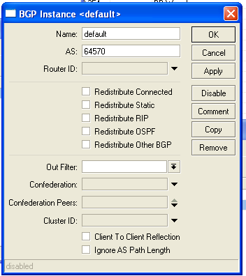 Winbox -> ROUTING->BGP->INSTANCES Wyświetlane jest okno usług ( instances ), które może ewentualnie zawierać już wpis domyślny.