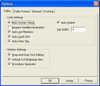 Dostosowywanie środowiska Edytora Visual Basic Default to Full Module View (Domyślnie pełny widok modułu) Ustawienie opcji Domyślnie pełny widok modułu decyduje o standardowym stanie nowych modułów