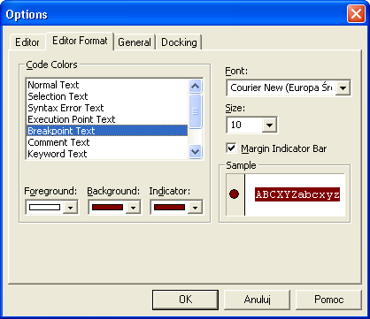Dostosowywanie środowiska Edytora Visual Basic Margin Indicator Bar (Wskaźniki marginesowe) Opcja ta decyduje o wyświetlaniu w modułach pionowego paska marginesu.