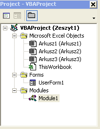 Elementy okna: Eksplorator projektu W oknie Eksploratora projektu (Project) wyświetlane są diagramy zawierające wszystkie skoroszyty otwarte aktualnie w Excelu (łącznie ze skoroszytami ukrytymi).