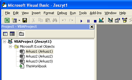 W oknie Project VBAProject wyświetlane są informacje o nazwie skoroszytu (Zeszyt1), poniŝej standardowo wyświetlane są 3