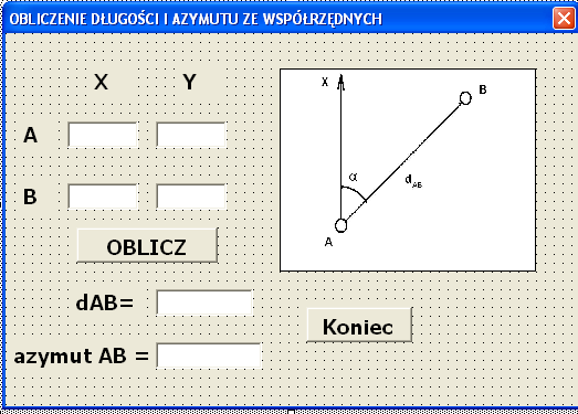 4.2. Obliczenie długości boku i azymutu ze współrzędnych: B Dane są współrzędne punktów A i B.