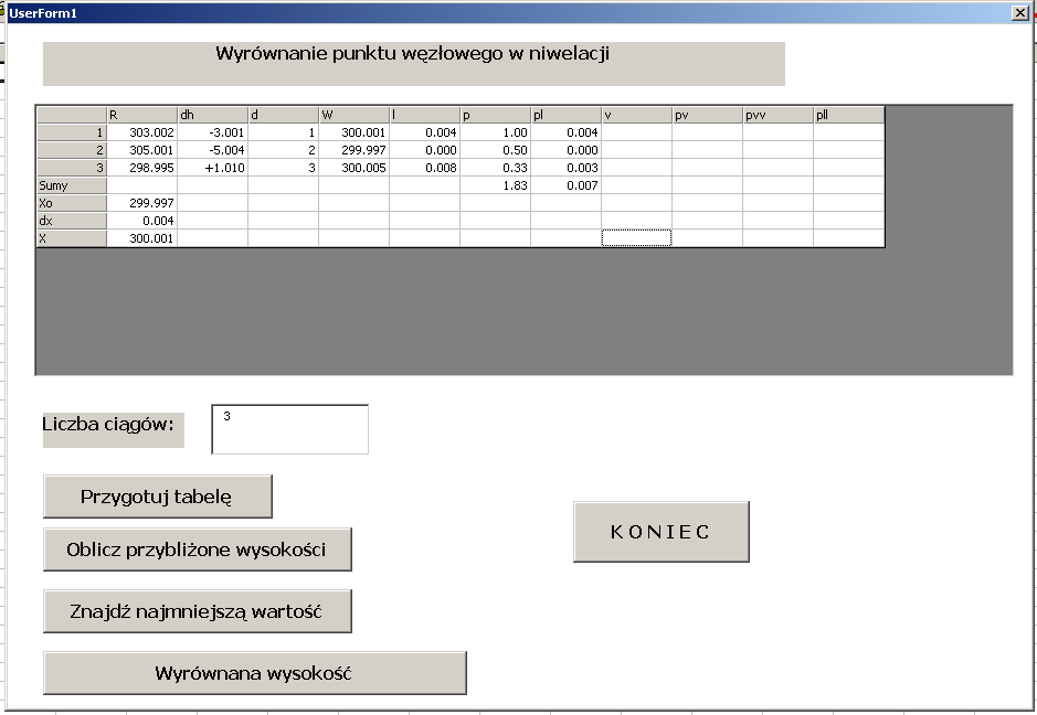 4.11. Wyrównanie punktu węzłowego w niwelacji Private Sub CommandButton1_Click() 'Przygotowanie tabelki lc = Val(lct) : lc2 = lc + 5 : tab1.rows = lc2 : tab1.cols = 12 tab1.row = 0 tab1.