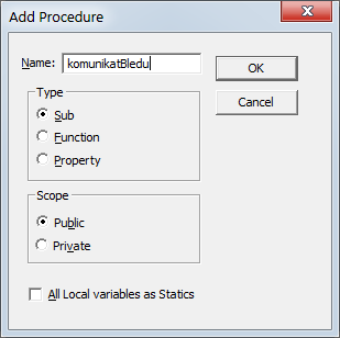Procedury Procedurę definiuje się używając słów kluczowych Sub i End Sub. Możnaje dodawać w edytorze VB (menu Insert).