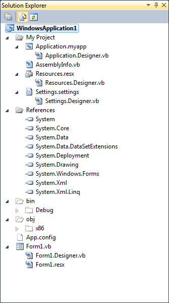 Visual Basic.NET Domyślnie, nie są pokazywane wszystkie pliki pakietu. Po wciśnięci Show All Files, pokazane zostaną wszystkie pliki i dodatkowo pozycja References zawierająca wszystkie biblioteki.