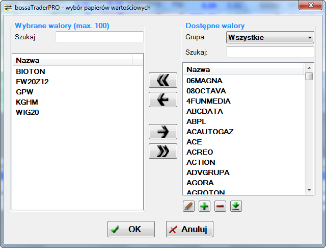 4. Wybór wyświetlanych papierów wartościowych W oknie wyboru wyświetlanych papierów wartościowych dostępne są dwie listy: wybrane walory oraz dostępne walory.