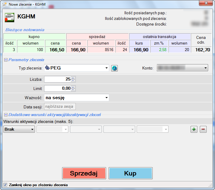 W programie BossaTraderPRO składając zlecenie PEG, w oknie nowego zlecenia ustawiamy Typ zlecenia na PEG i wybieramy Rachunek inwestycyjny.