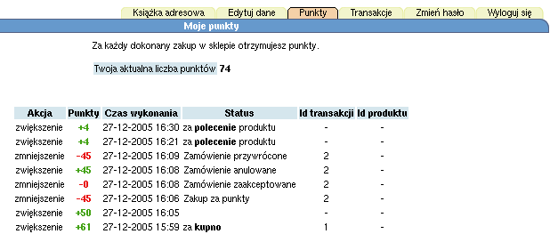 Mo»na te» z powodzeniem odejmowa punkty klientowi. 26.7 Sprawdzanie stanu konta przez u»ytkownika.