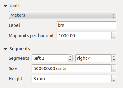 Figure 18.20: Scale Bar Main properties Dialog Single box and Double box styles, which contain one or two lines of boxes alternating colors. Middle, Up or Down line ticks.