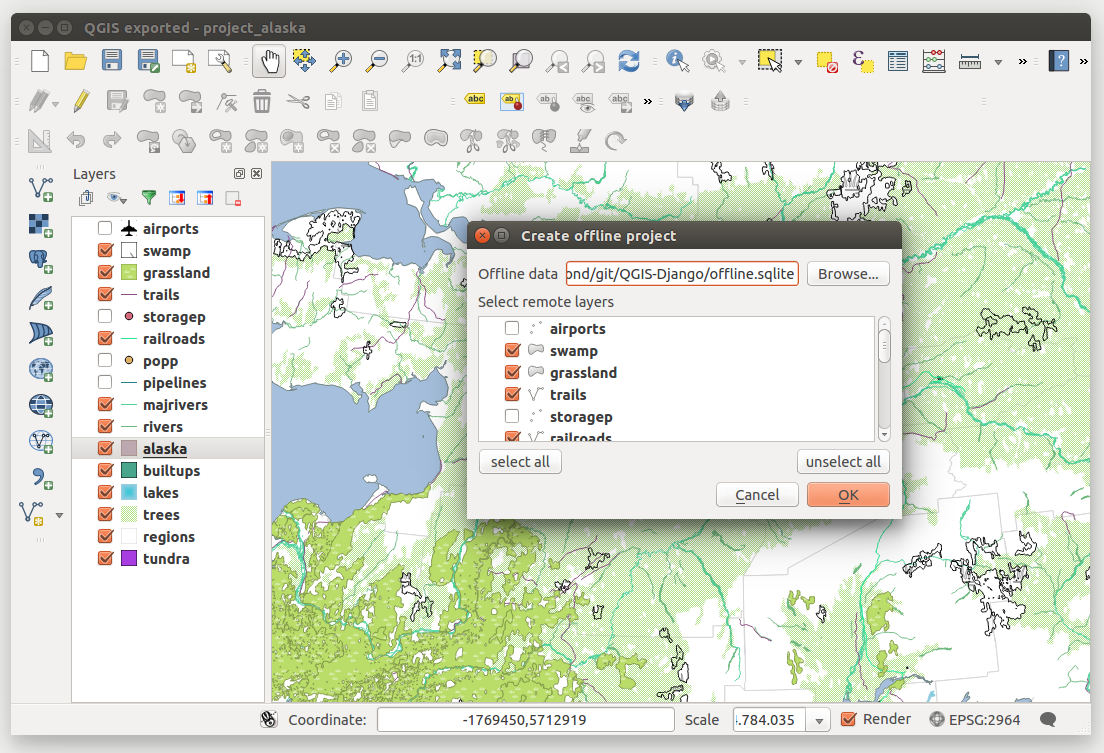 Edit the layers offline. After being connected again, upload the changes using Database Offline Editing Synchronize. Figure 19.