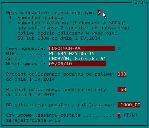 S t r o n a 15 3.3 formatka nr 2 (leasing) Wpis w dowodzie: omówiliśmy szczegółowo przy okazji omawiania formatki dotyczącej zakupu.